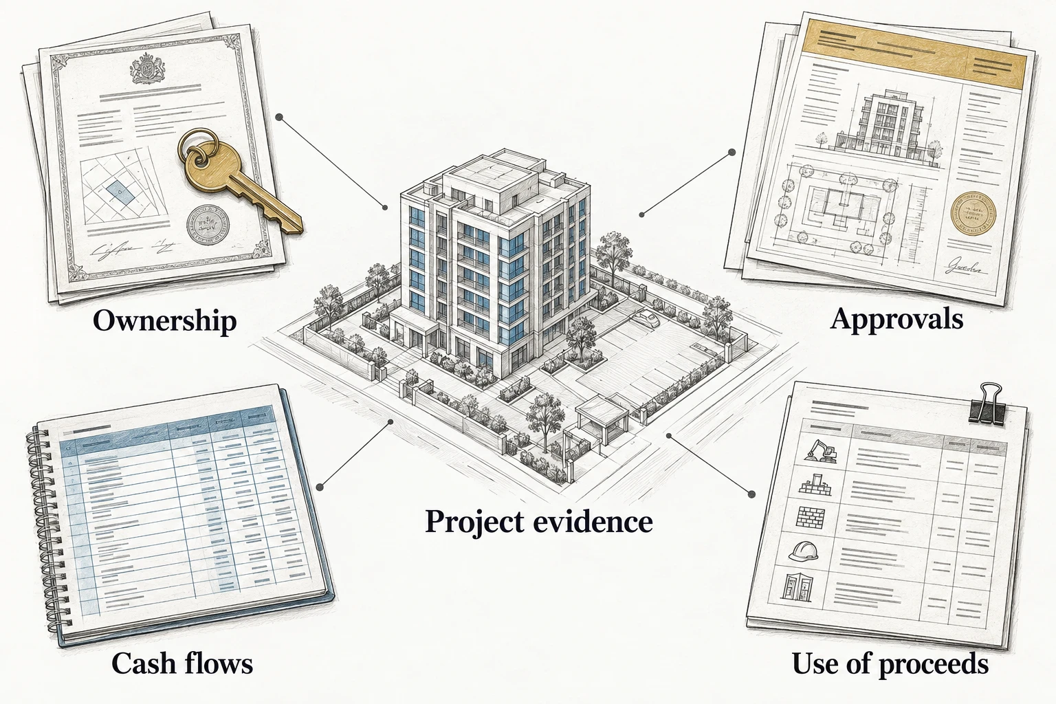 Property financing: the project evidence chain. CSRC property-financing opinion, published 28 August 2026; schematic.